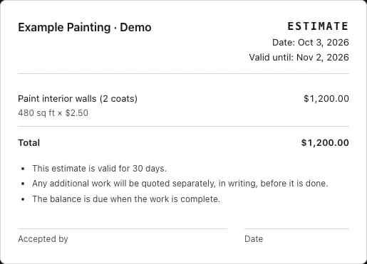 Example estimate with a painting job, quantities, price and matching English and Spanish terms.